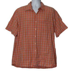 IZOD Shirt Mens Size XL Orange Blue Plaid Button Up Short Sleeve Pocket